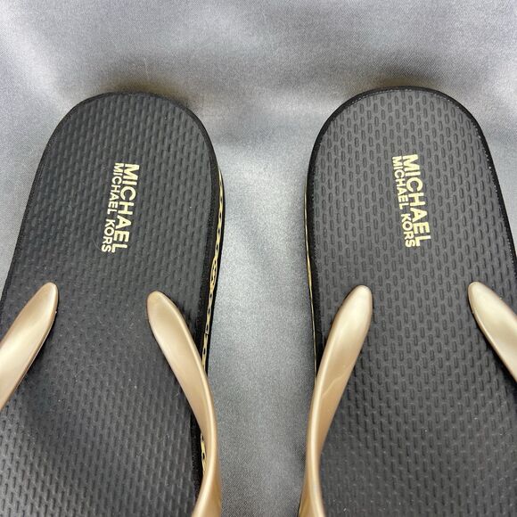 Michael Kors Women's 7 Logo Flip Flops Fashion Sandals Black/Gold RX24D MK Shoes - Picture 13 of 14
